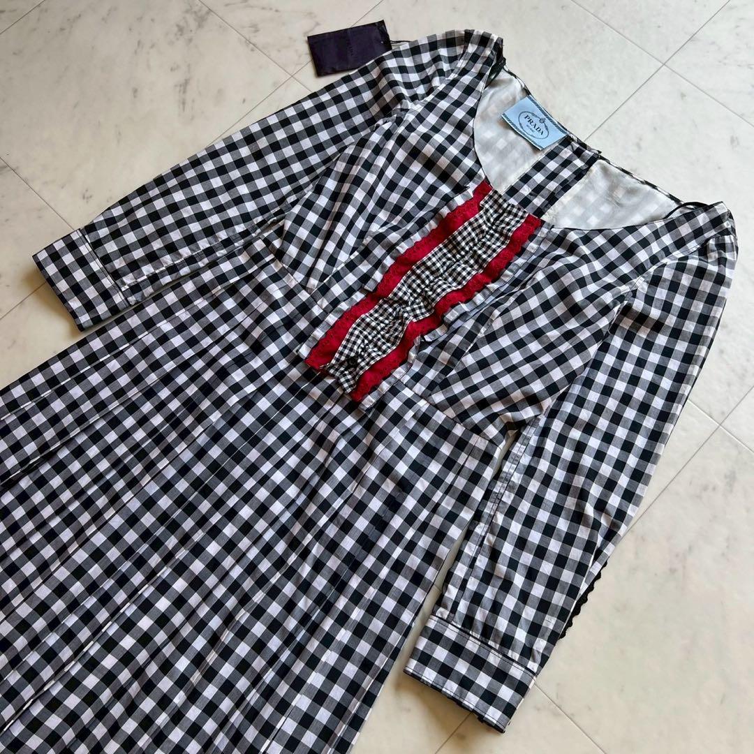 定価15万 PRADA ギンガムチェック フリルワンピース コットン ブラック