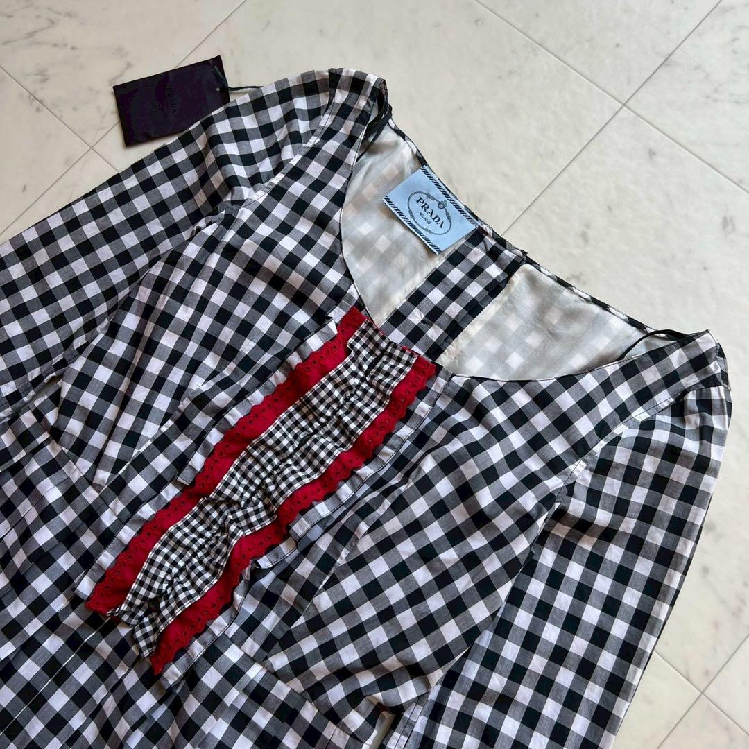 定価15万 PRADA ギンガムチェック フリルワンピース コットン ブラック