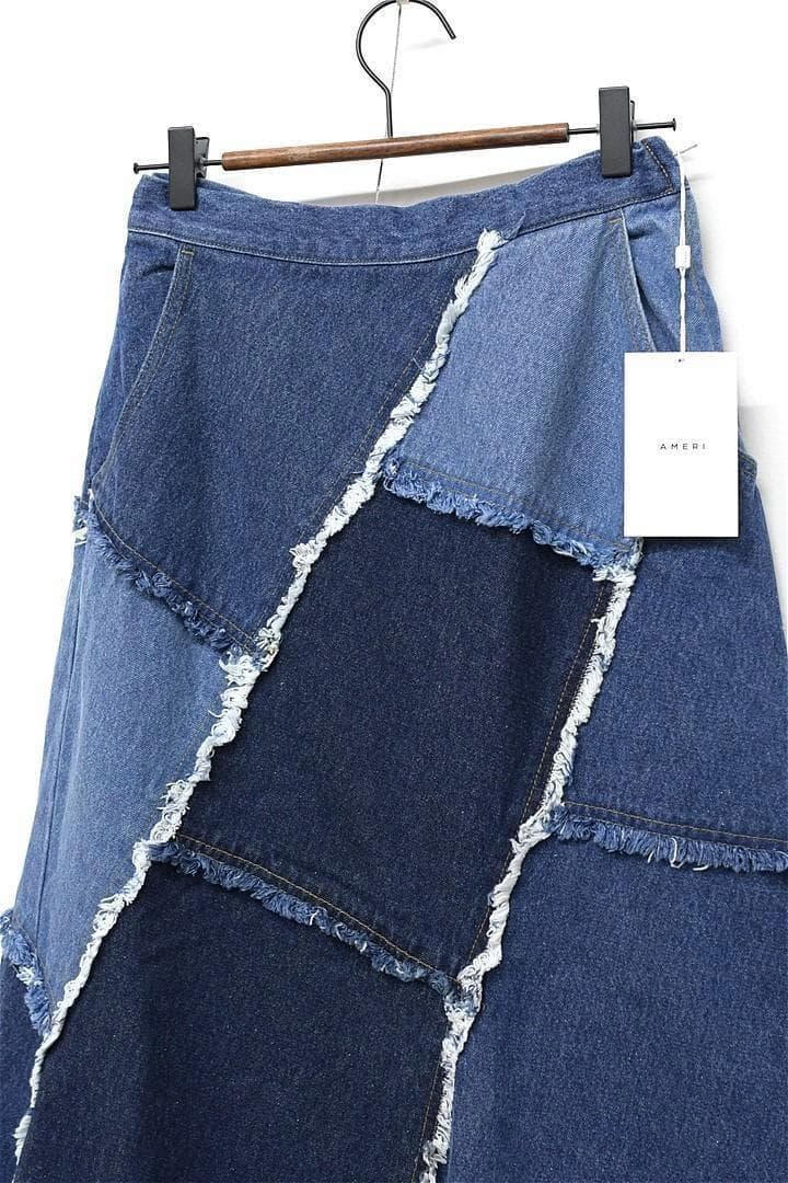 Q338/未使用 AMERI VINTAGE パッチワークデニムスカート M 青