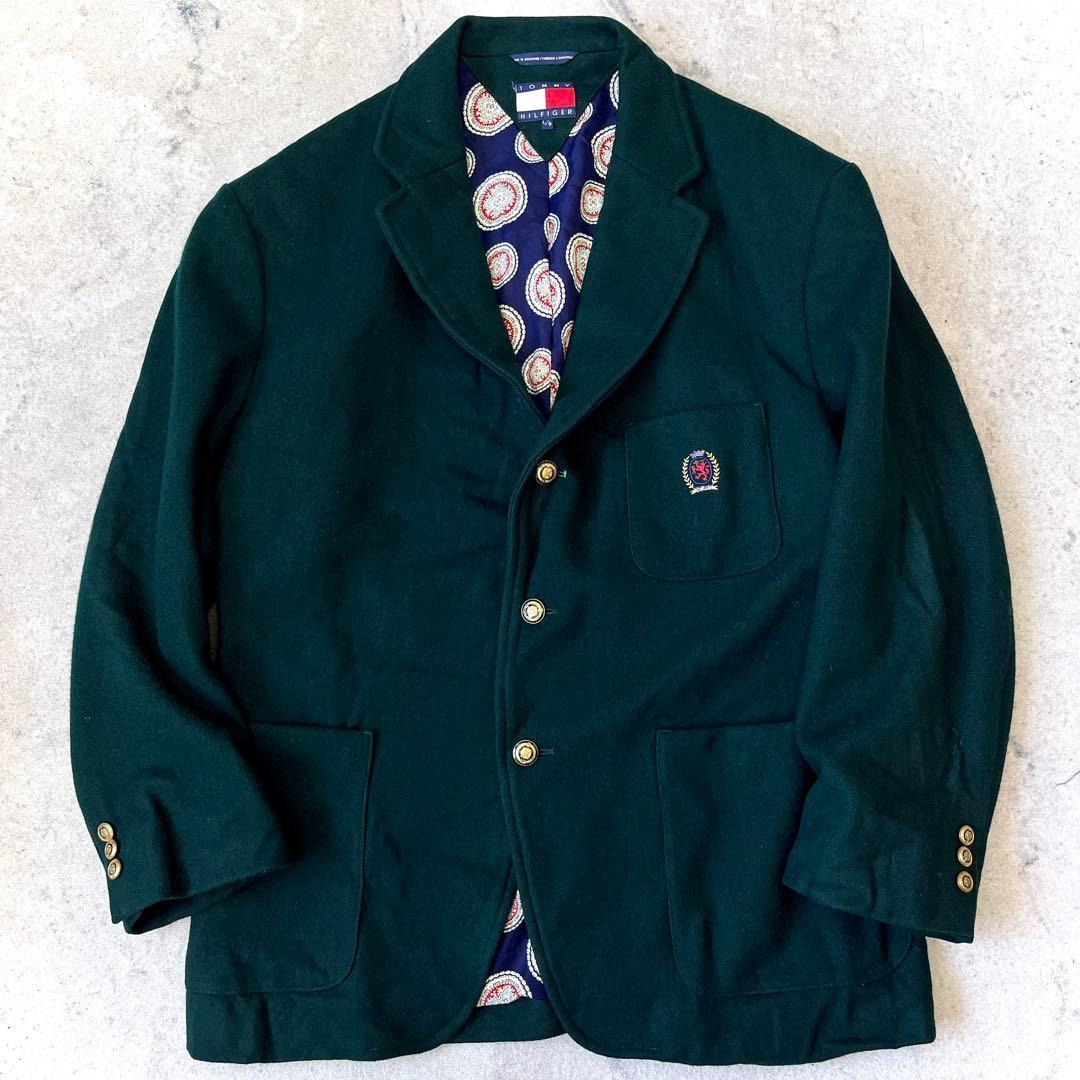90s オールド トミーヒルフィガー L 肉厚ウール 金ボタン ジャケット 緑.