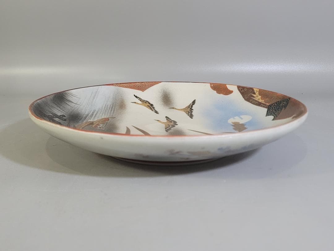 九谷 金彩赤絵 舟遊び図 細密 皿 幅 23.6ｃｍ 明治 DT353