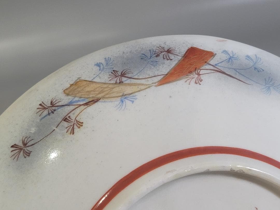 九谷 金彩赤絵 舟遊び図 細密 皿 幅 23.6ｃｍ 明治 DT353