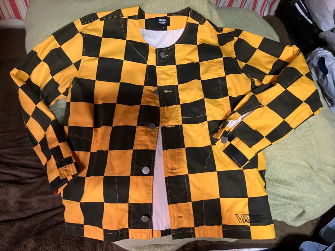 VANS チェッカー ノーカラーシャツジャケット M イエロー×ブラック 古着