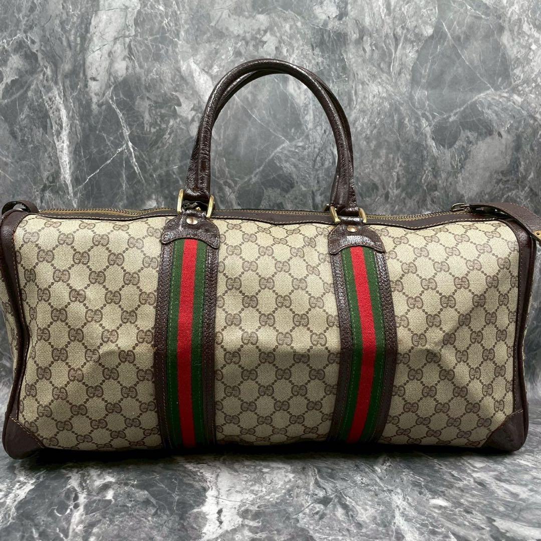 ✨美品✨GUCCI GG シェリーライン ボストンバッグ ブラウン ロゴ レザー