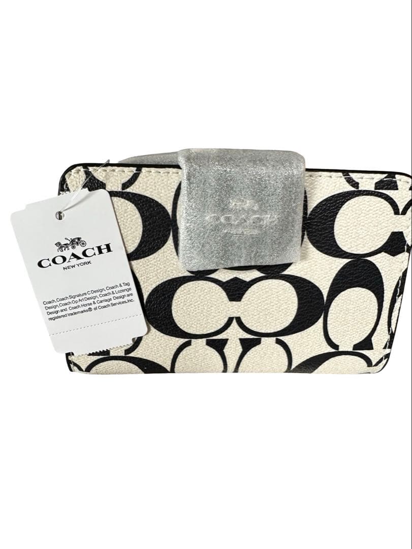 COACH コーチミニ財布 シグネチャー ホワイト×ブラック レザー タグ付き