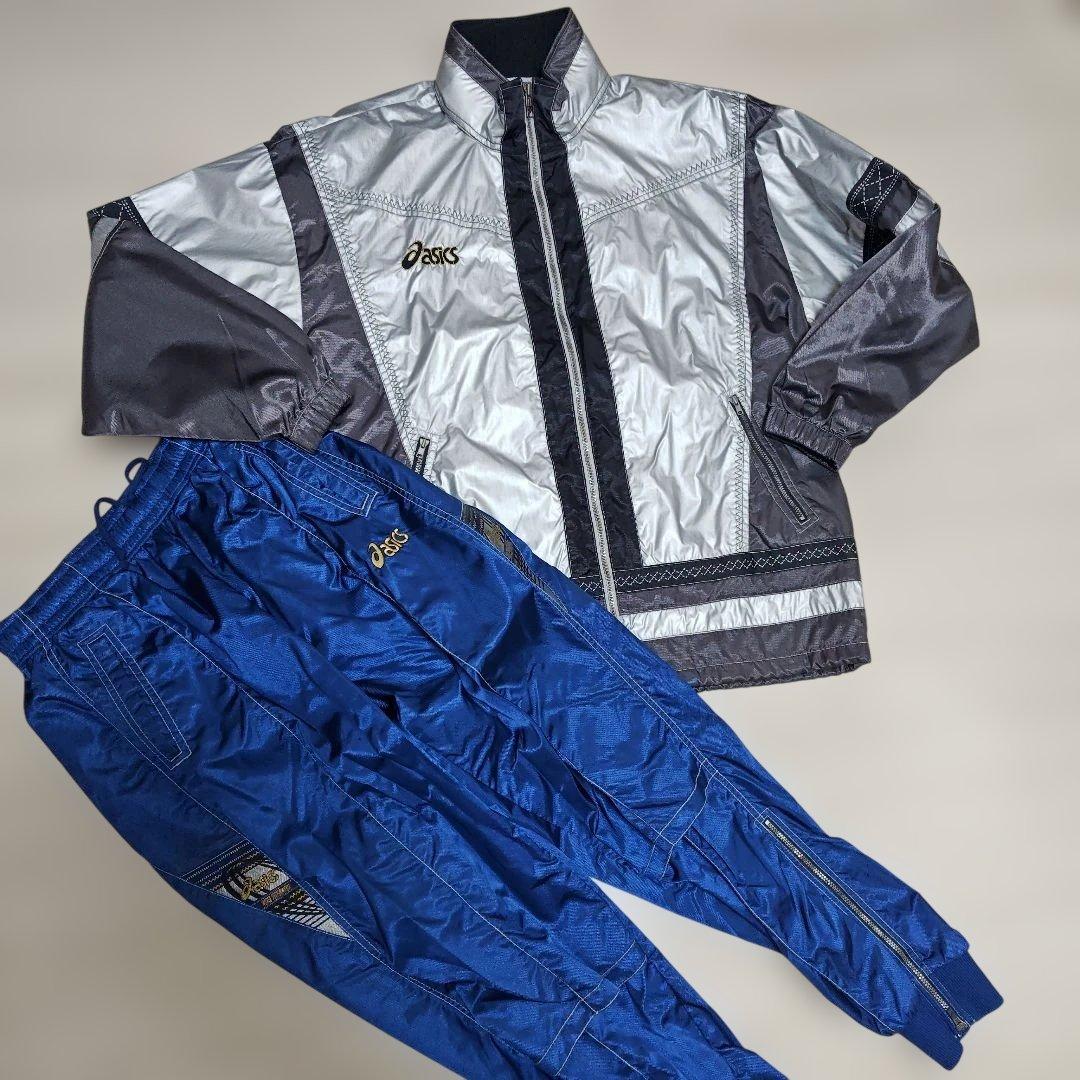アシックスASICS　90’s 上下ウインドブレーカーセットアップ　光沢シルバー