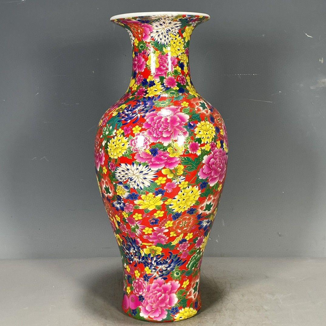 大清乾隆帝五彩花卉図案花瓶 景徳鎮 陶磁器 装飾品 現代工芸品美術品 置物