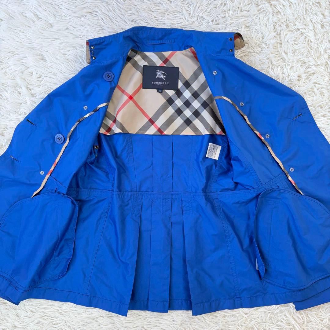 【美品/撥水/希少ブルー】BURBERRY トレンチコート プリーツ チェック