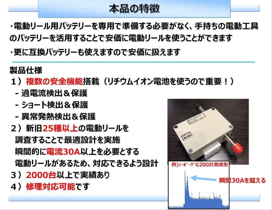 マキタ18V&14.4Vバッテリーで電動リール用アダプター(ワニ口)