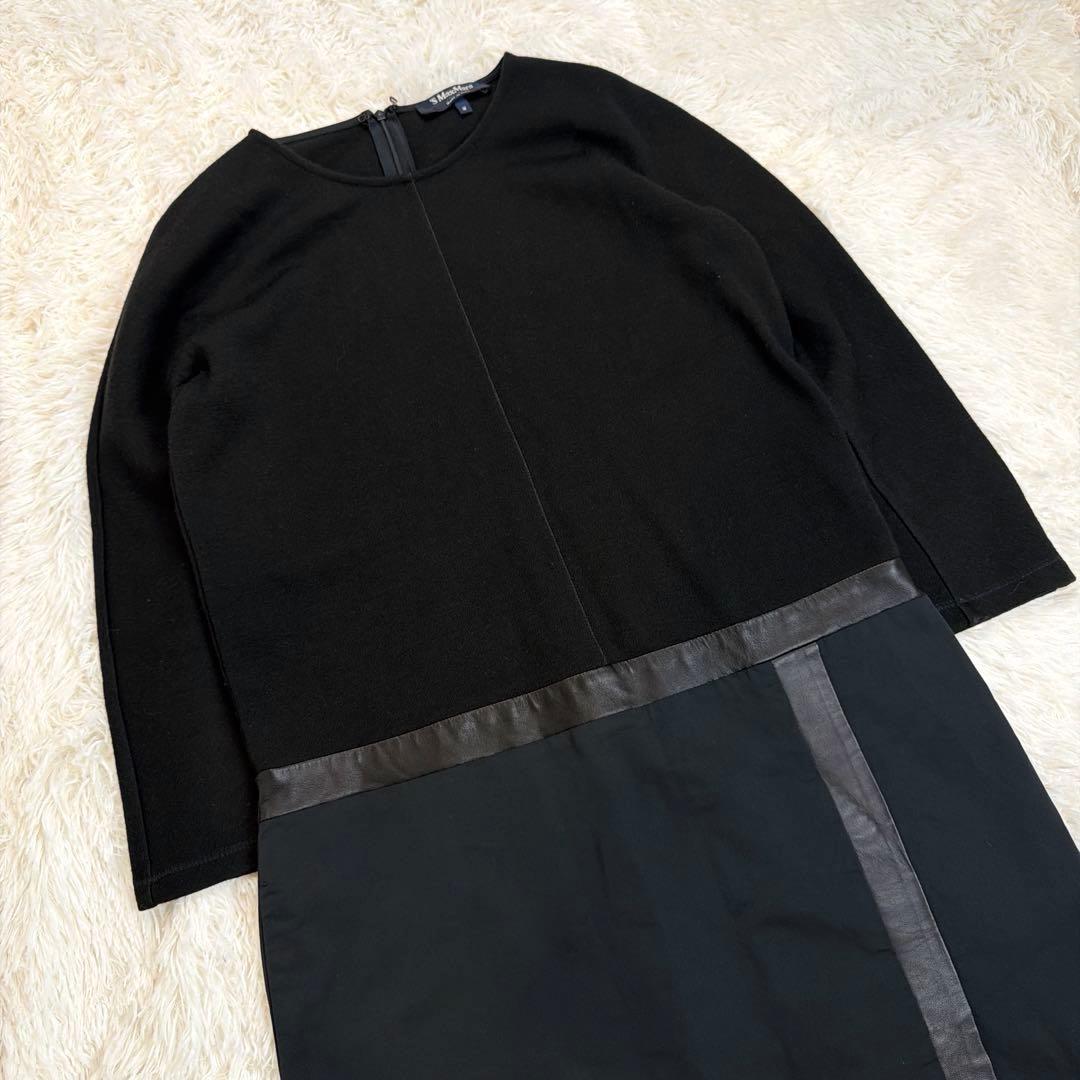 【美品】'S Max Mara レザー切替ワンピース ニット×コットン 黒 M