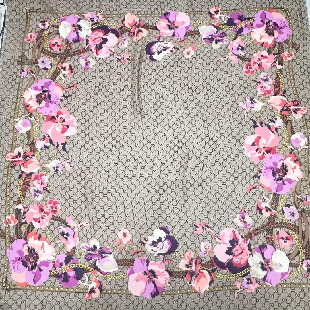 GUCCI グッチ　大判スカーフ　ウール　GG柄　パンジー　花柄　ピンク