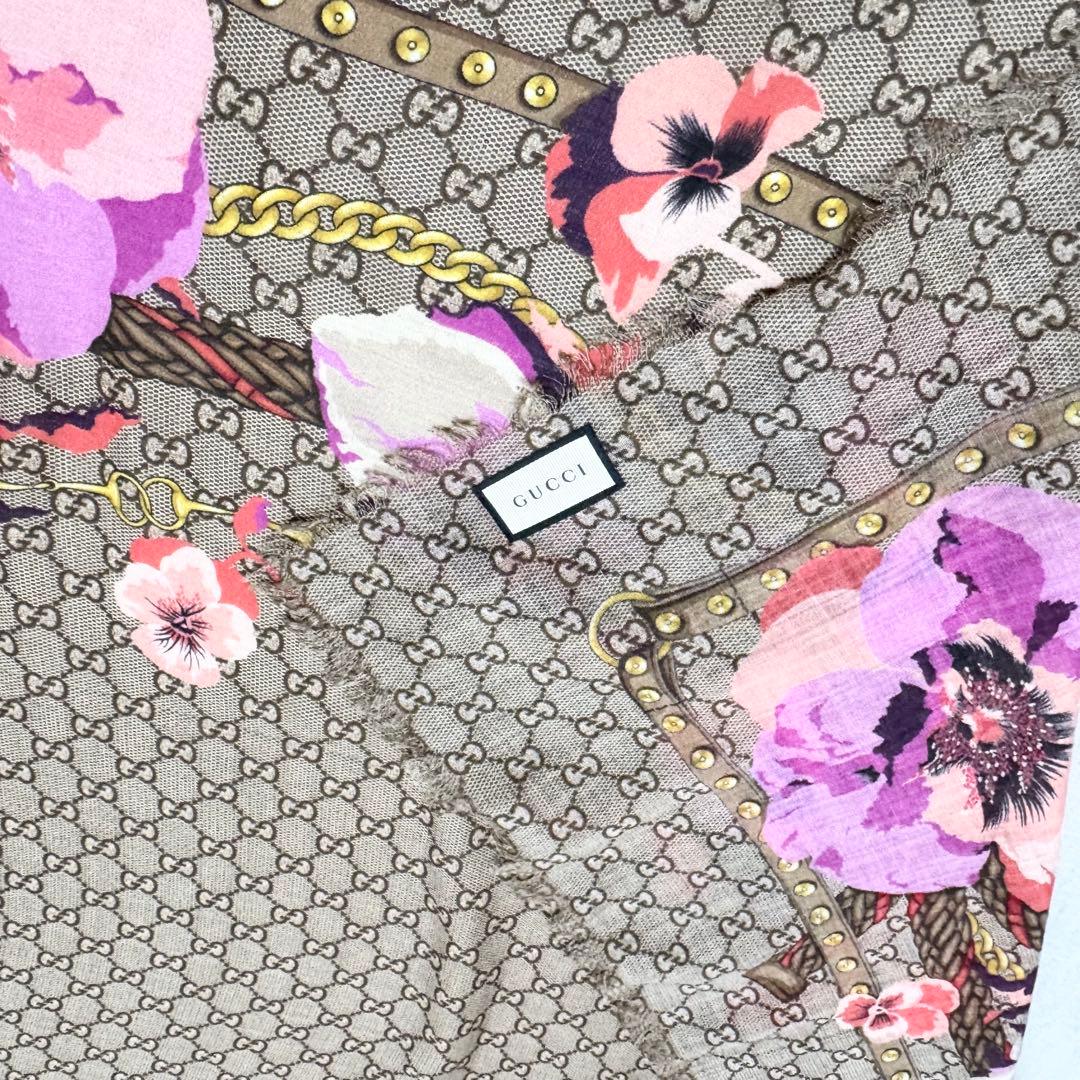 GUCCI グッチ　大判スカーフ　ウール　GG柄　パンジー　花柄　ピンク