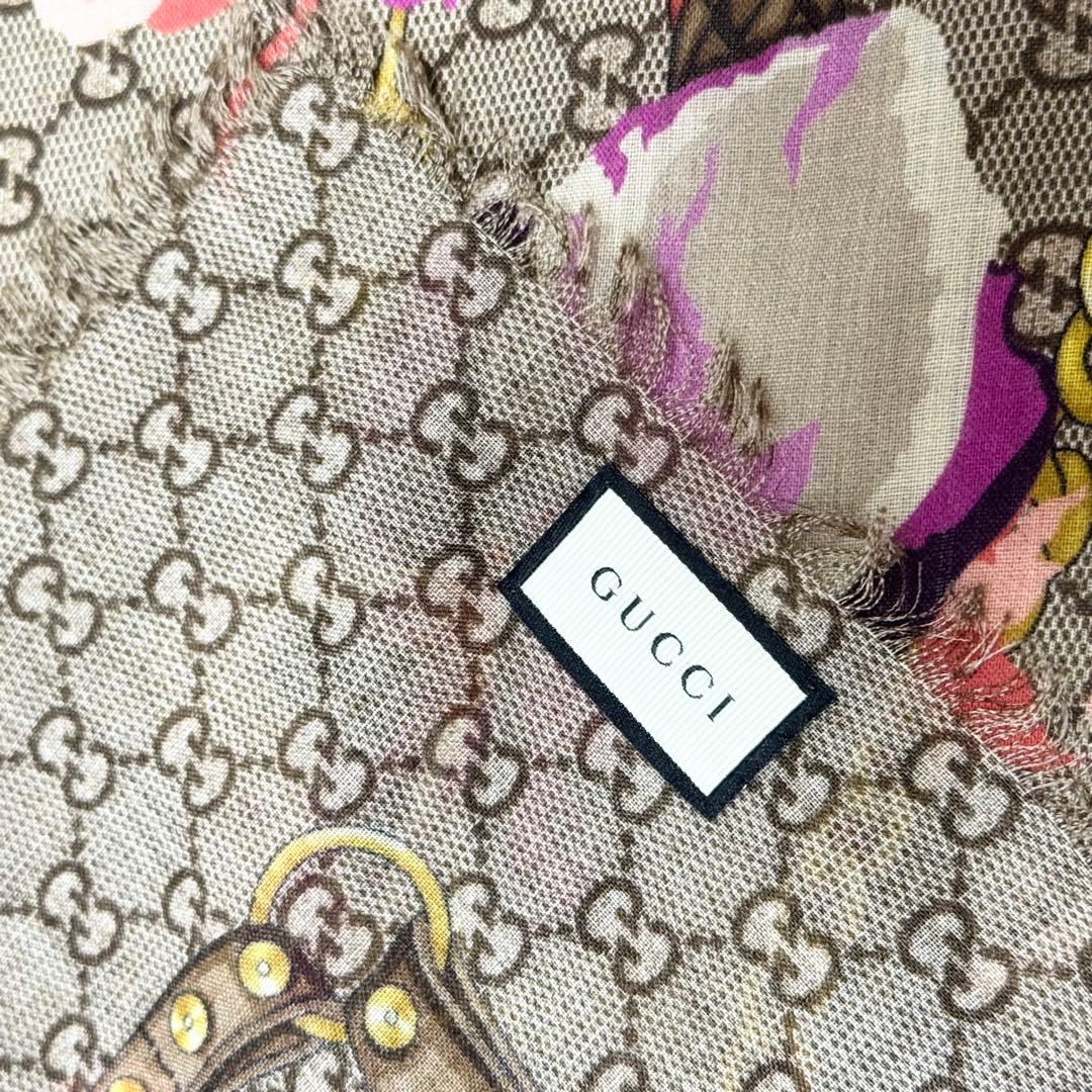 GUCCI グッチ　大判スカーフ　ウール　GG柄　パンジー　花柄　ピンク