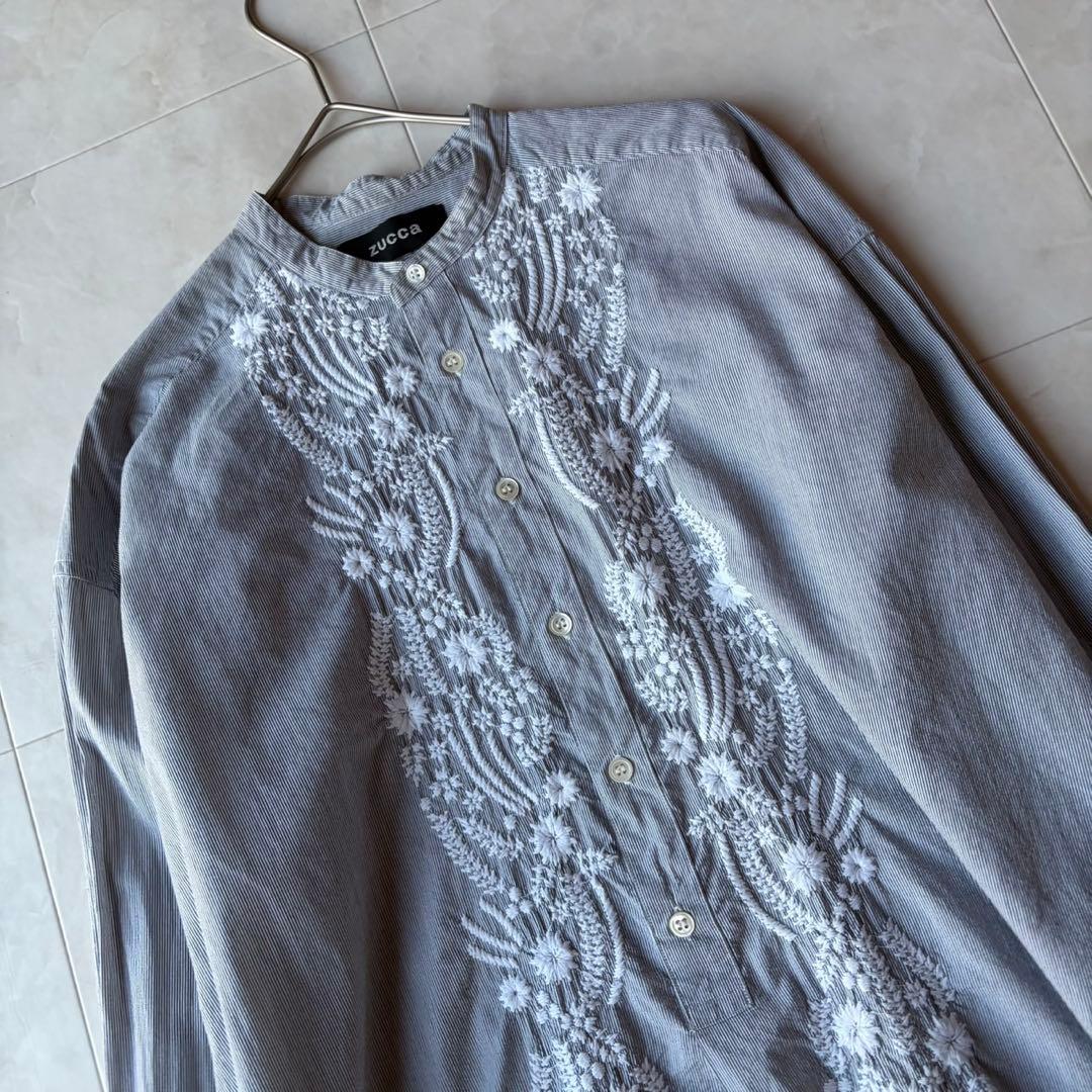 美品✨ZUCCa 贅沢ボタニカル刺繍 ストライプ ロングシャツワンピース M