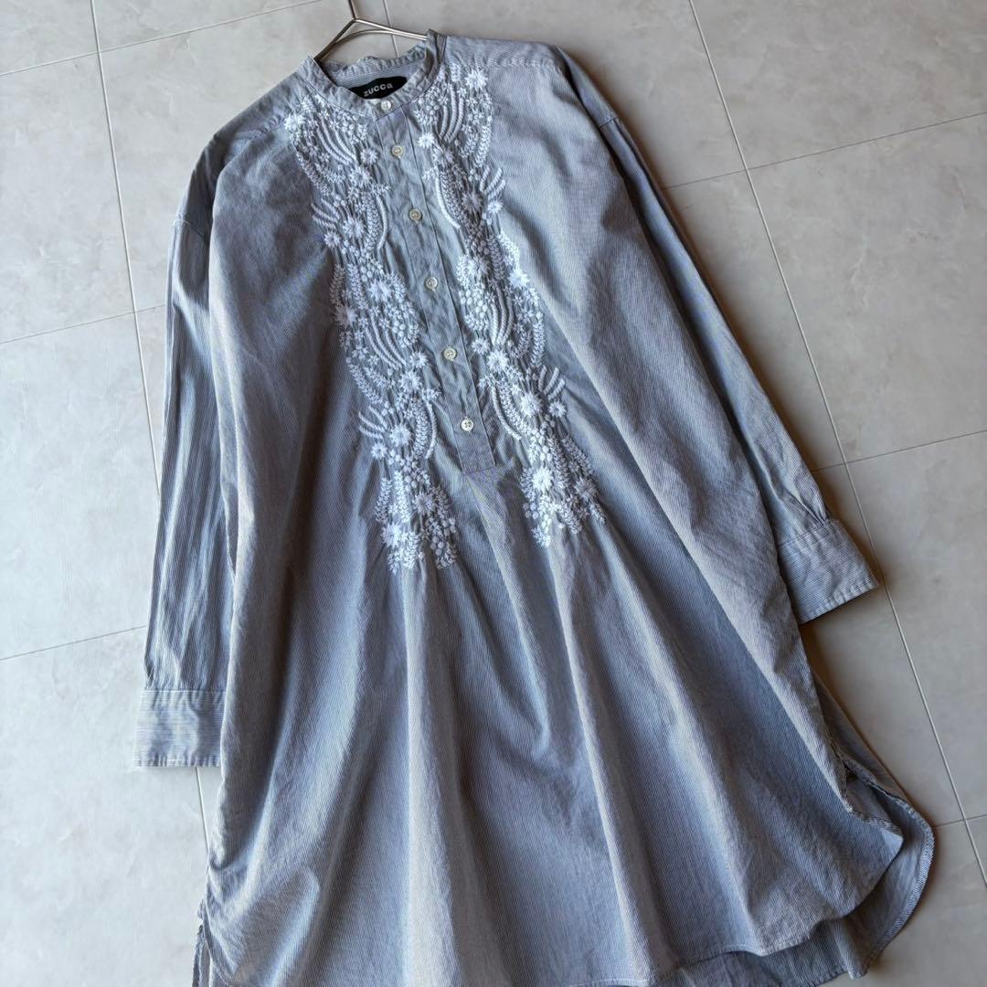 美品✨ZUCCa 贅沢ボタニカル刺繍 ストライプ ロングシャツワンピース M