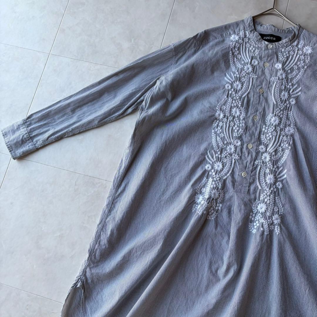 美品✨ZUCCa 贅沢ボタニカル刺繍 ストライプ ロングシャツワンピース M