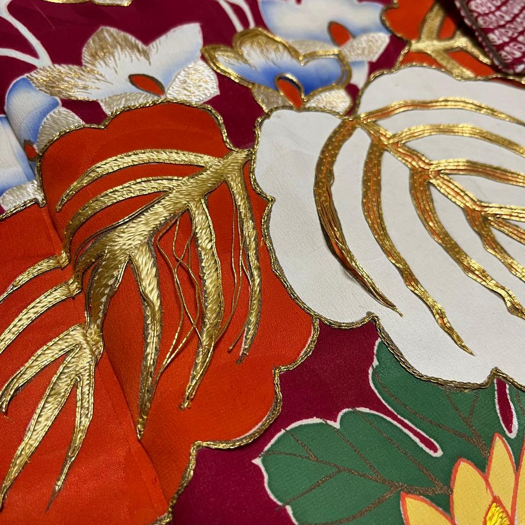 正絹 アンティーク着物 振袖 疋田柄に金駒刺繍