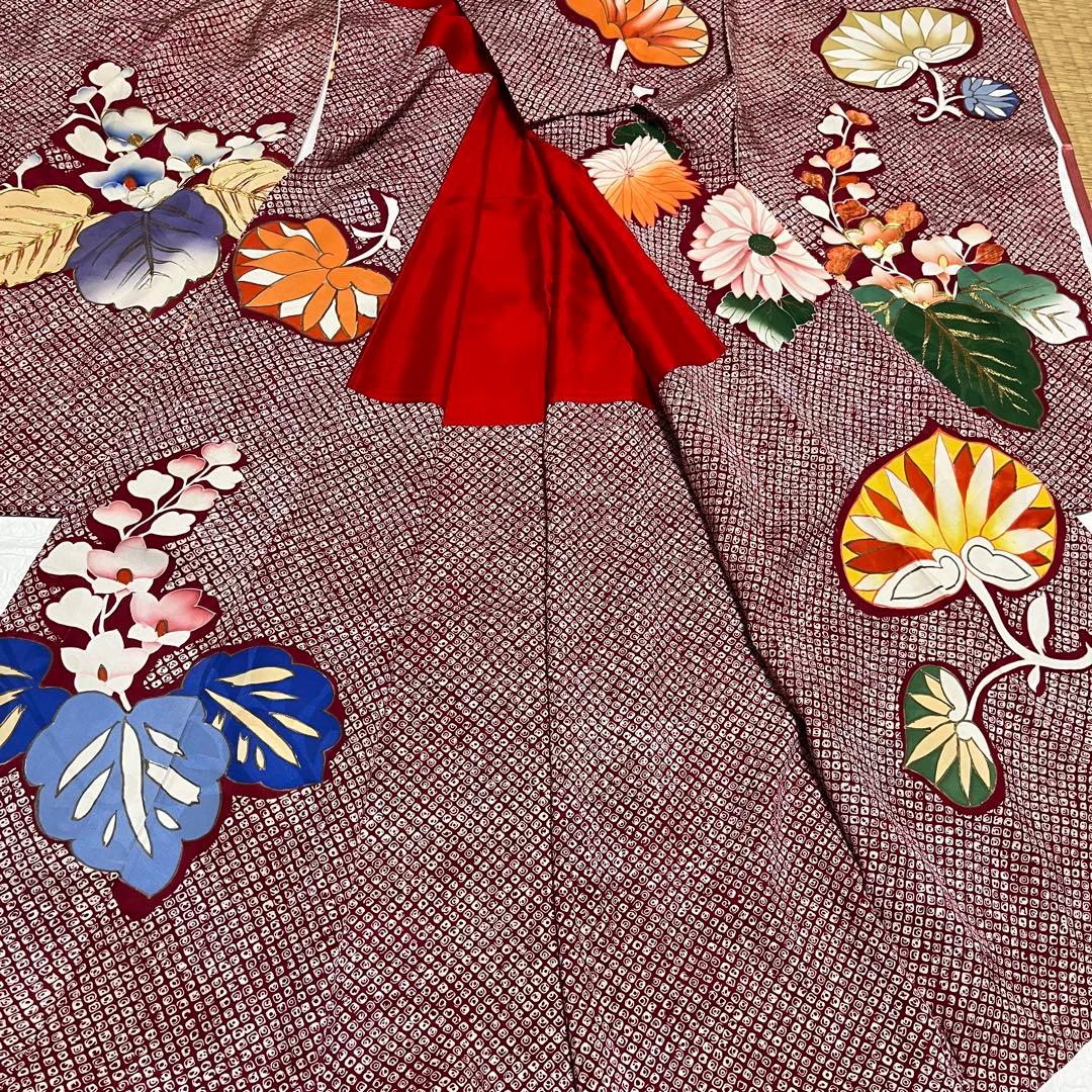 正絹 アンティーク着物 振袖 疋田柄に金駒刺繍