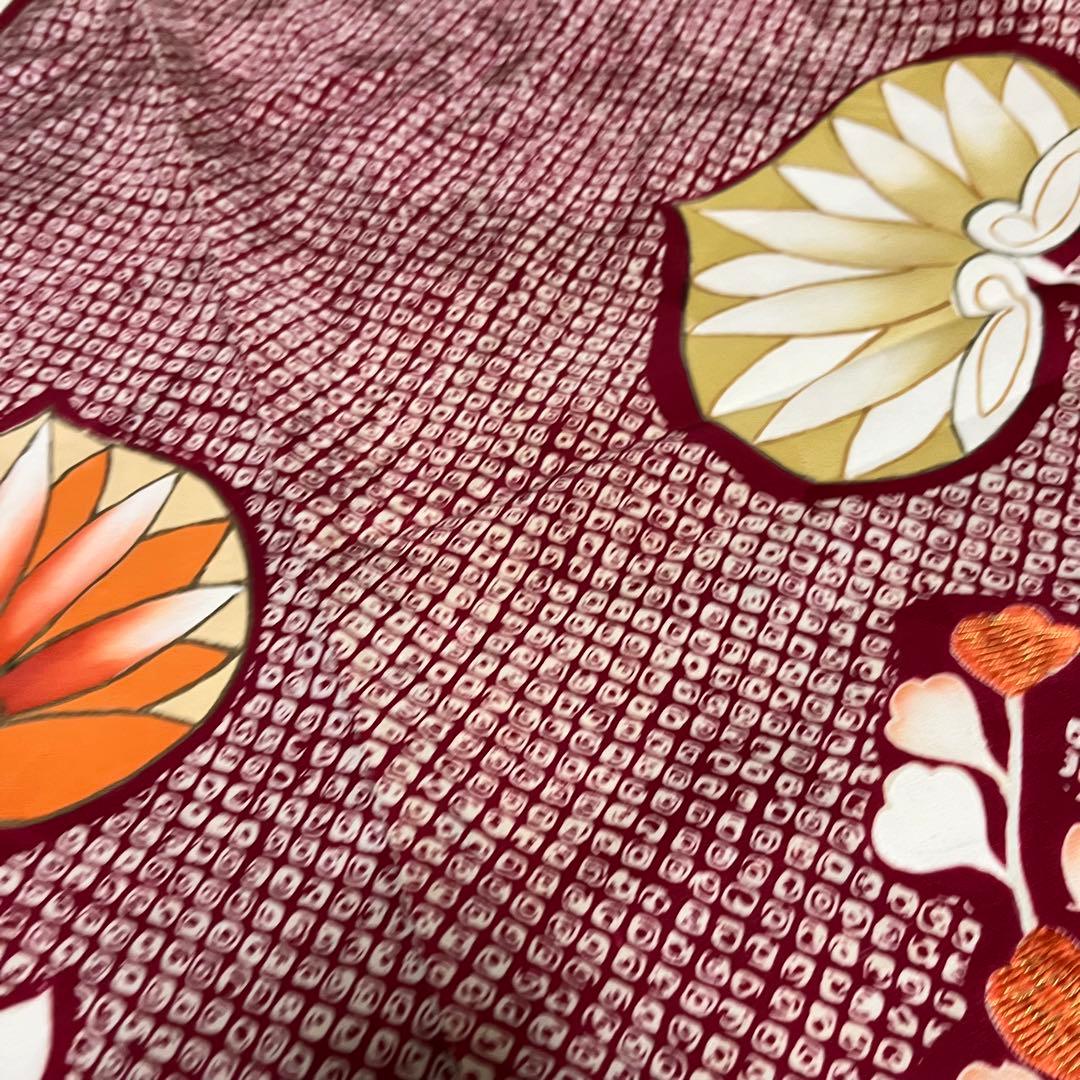 正絹 アンティーク着物 振袖 疋田柄に金駒刺繍
