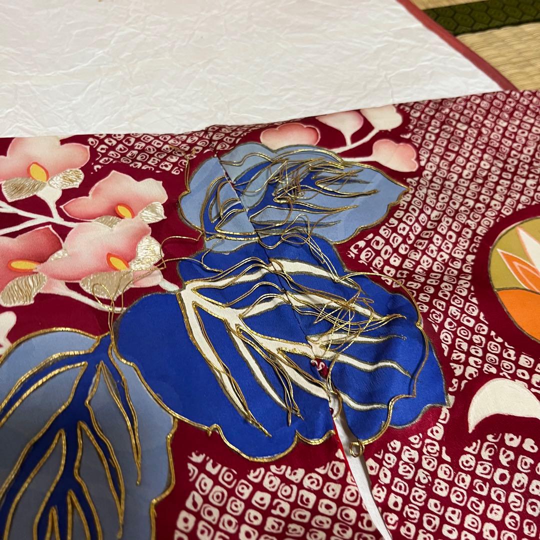 正絹 アンティーク着物 振袖 疋田柄に金駒刺繍