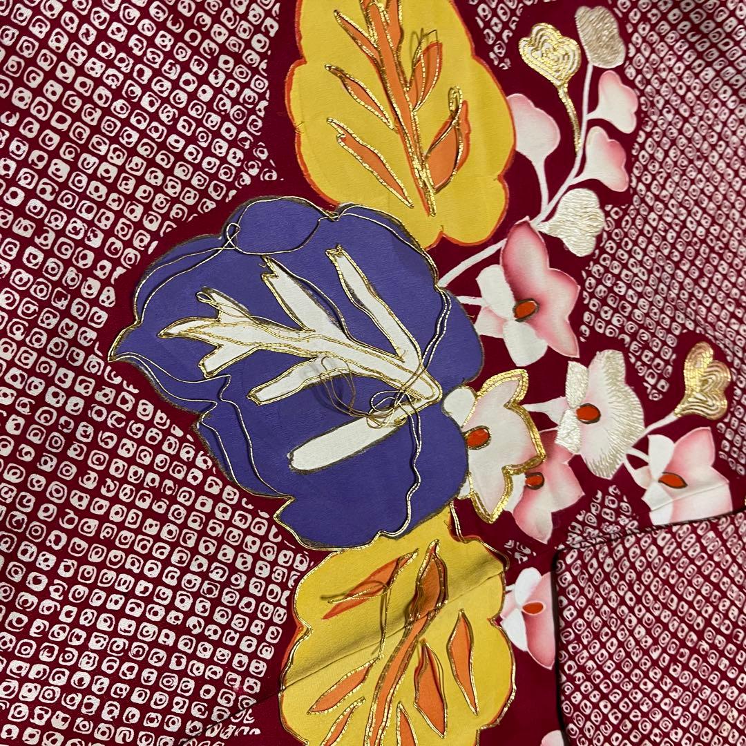 正絹 アンティーク着物 振袖 疋田柄に金駒刺繍