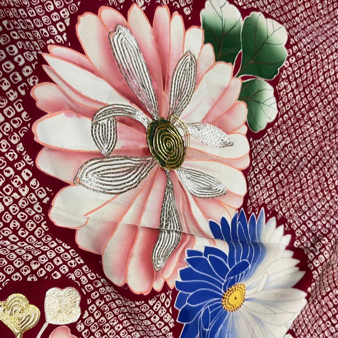 正絹 アンティーク着物 振袖 疋田柄に金駒刺繍