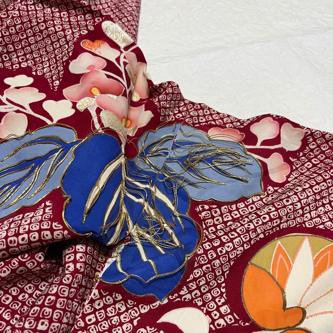 正絹 アンティーク着物 振袖 疋田柄に金駒刺繍