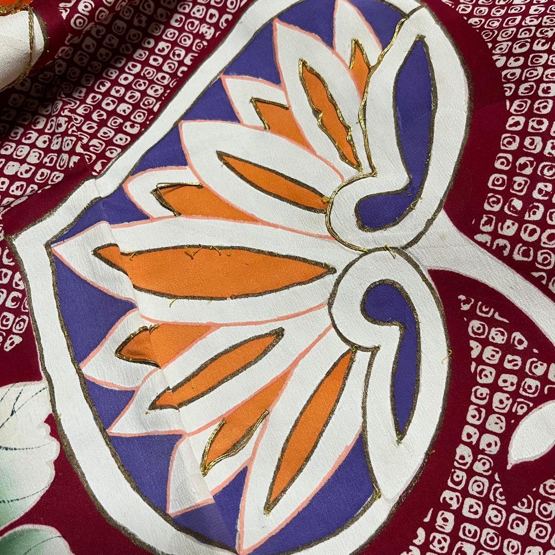 正絹 アンティーク着物 振袖 疋田柄に金駒刺繍