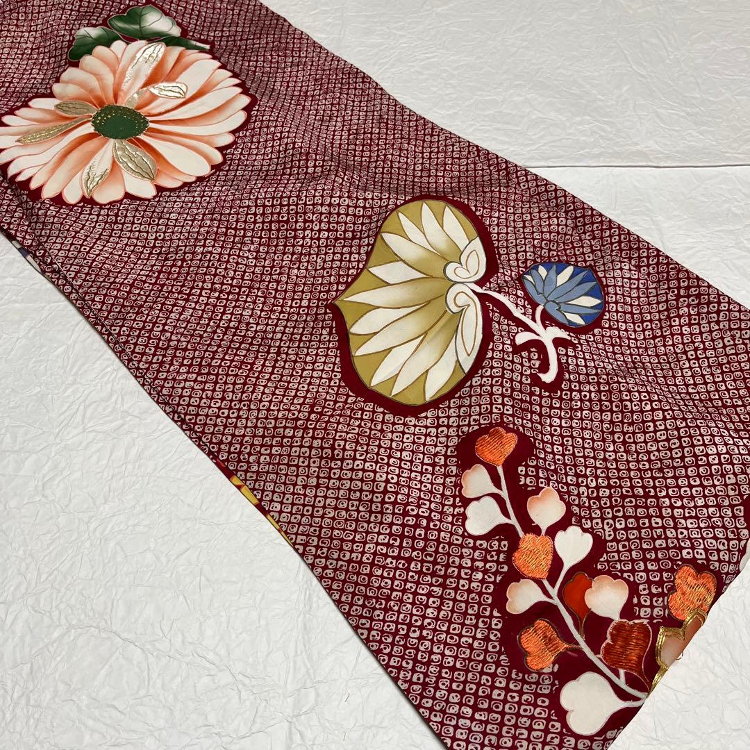 正絹 アンティーク着物 振袖 疋田柄に金駒刺繍