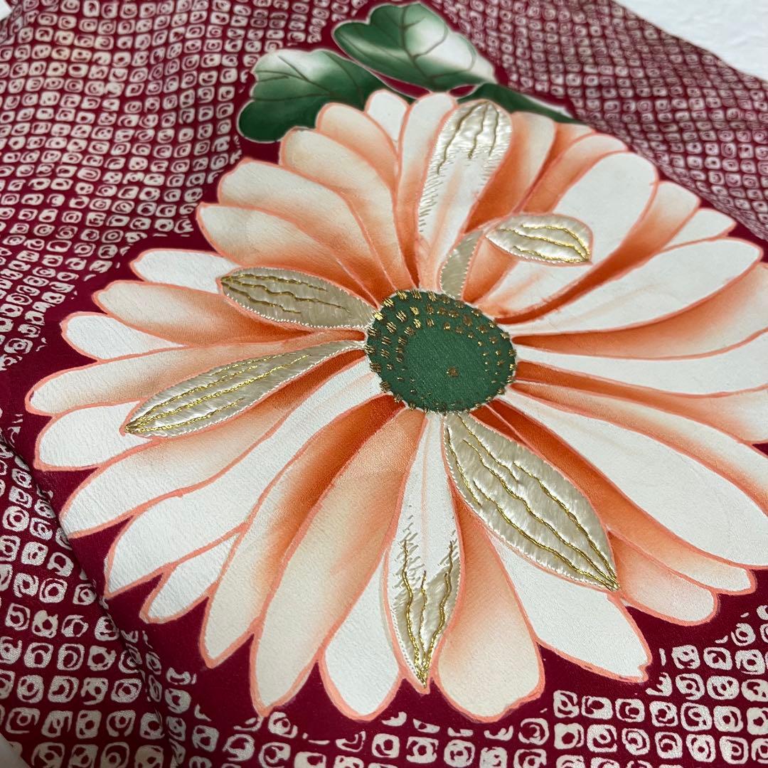 正絹 アンティーク着物 振袖 疋田柄に金駒刺繍