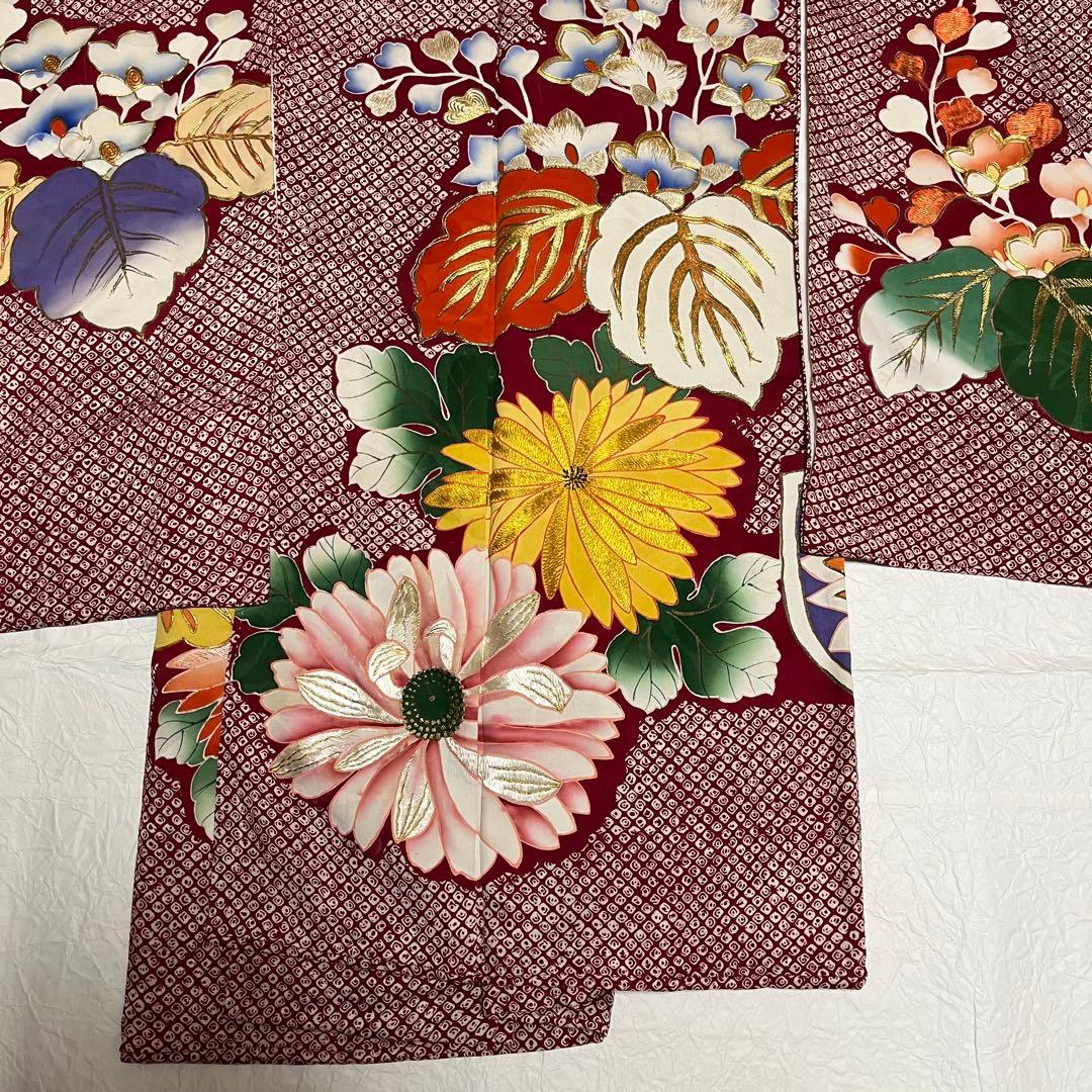 正絹 アンティーク着物 振袖 疋田柄に金駒刺繍