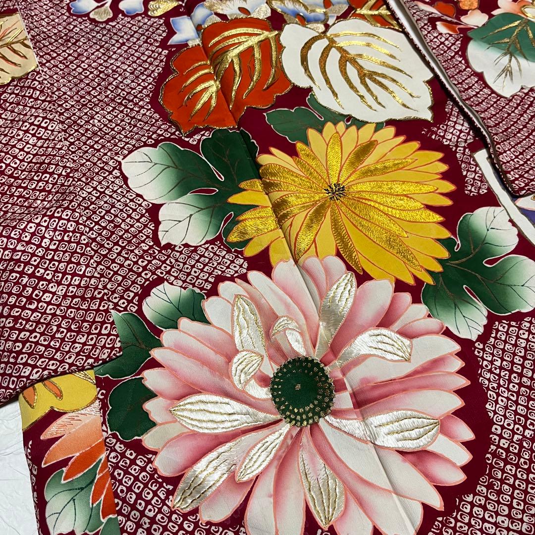 正絹 アンティーク着物 振袖 疋田柄に金駒刺繍
