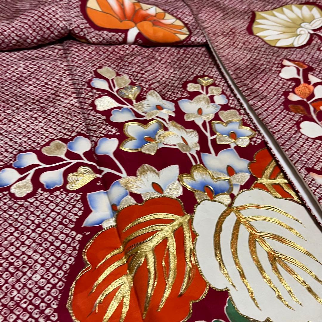 正絹 アンティーク着物 振袖 疋田柄に金駒刺繍