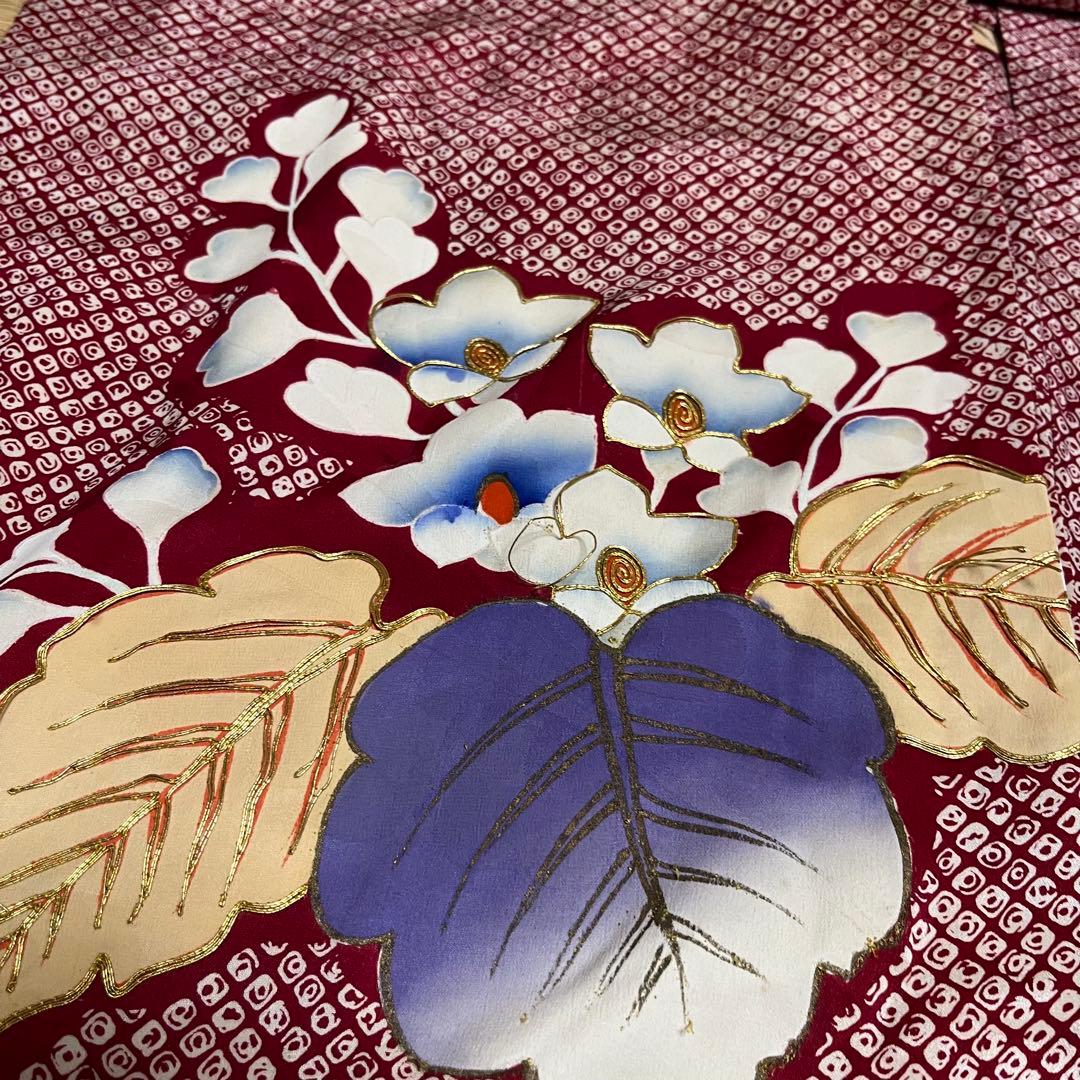 正絹 アンティーク着物 振袖 疋田柄に金駒刺繍