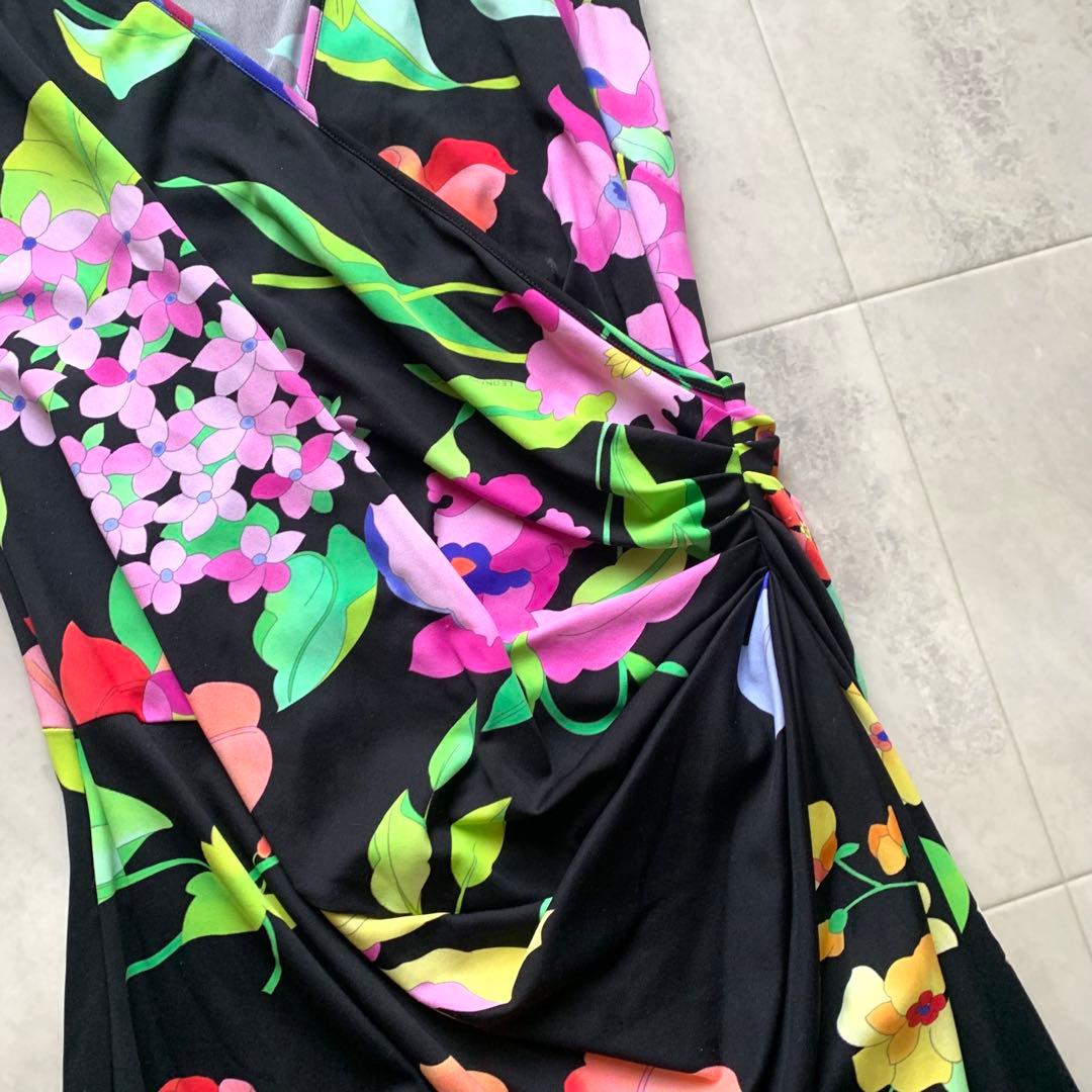 美品♡レオナール カシュクール ワンピース フラワープリント トリム 黒 38