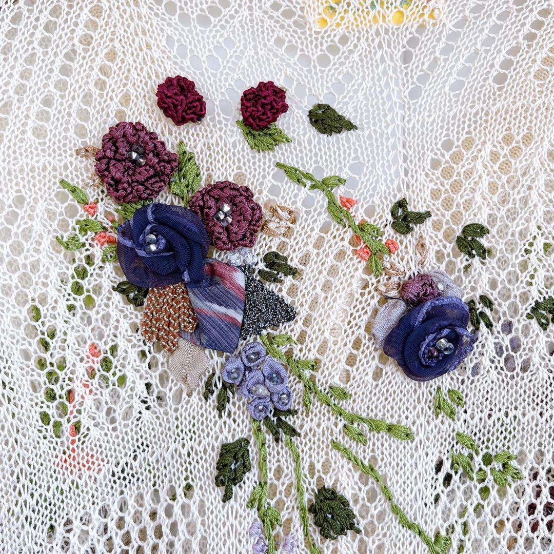 美品 アトリエサガン カーディガン 麻100% 刺繍 透かし編み 花柄 長袖