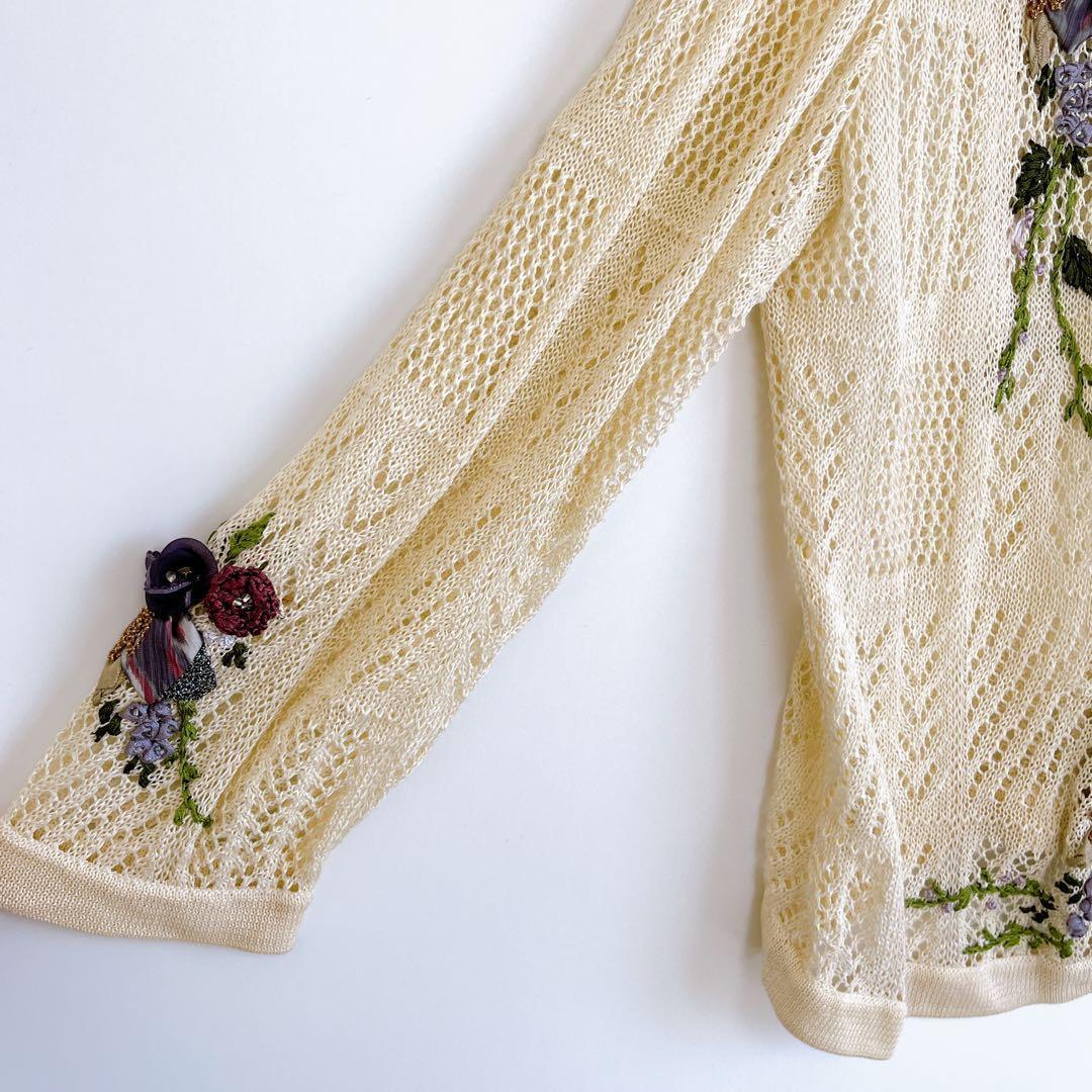 美品 アトリエサガン カーディガン 麻100% 刺繍 透かし編み 花柄 長袖