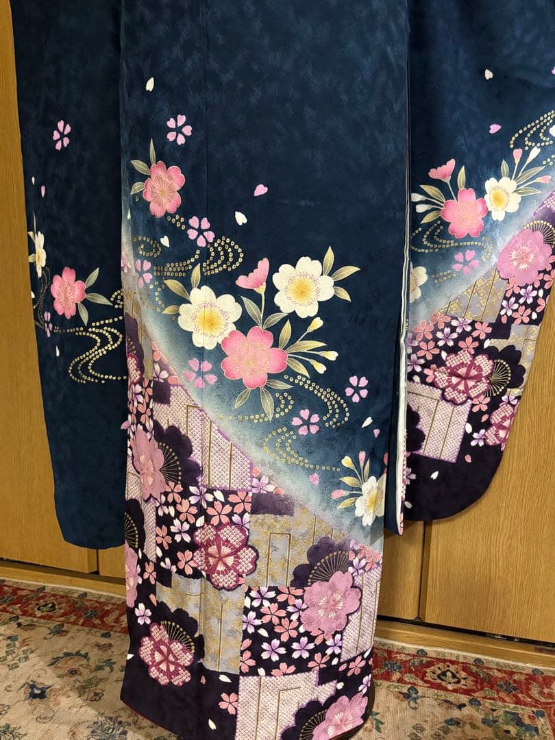 藍色地に小桜文様　金彩 着物のやまと謹製　正絹振袖 6点フルセット　トール