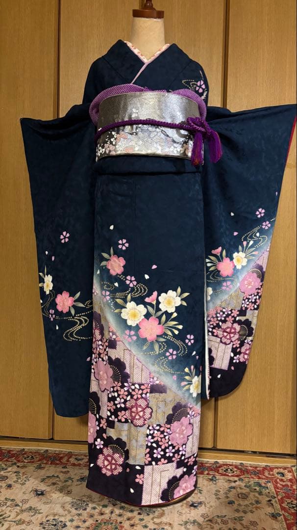 藍色地に小桜文様　金彩 着物のやまと謹製　正絹振袖 6点フルセット　トール
