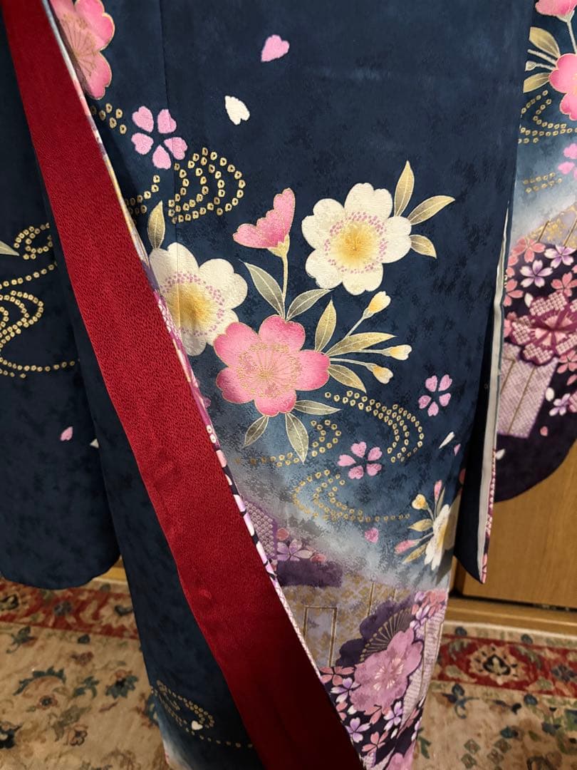 藍色地に小桜文様　金彩 着物のやまと謹製　正絹振袖 6点フルセット　トール