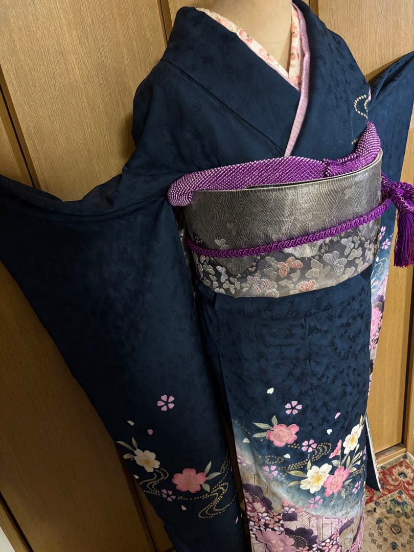 藍色地に小桜文様　金彩 着物のやまと謹製　正絹振袖 6点フルセット　トール