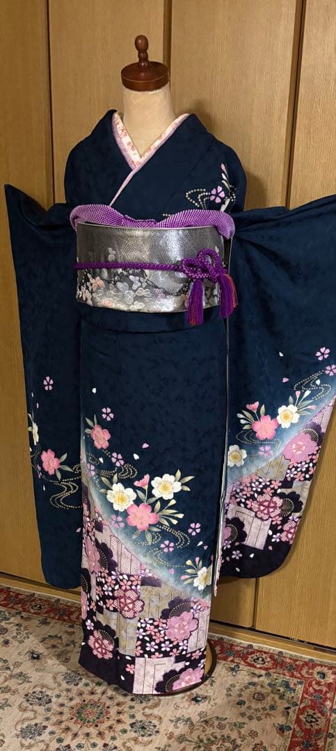 藍色地に小桜文様　金彩 着物のやまと謹製　正絹振袖 6点フルセット　トール