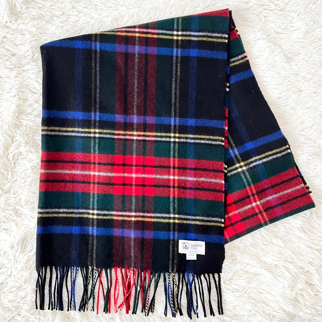 【美品】ジョンストンズ カシミヤ 大判ストール ブラックスチュアート