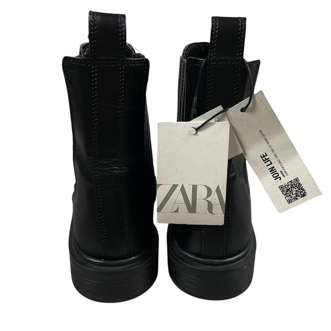 新品【36】ZARAレザー サイドゴア アンクルブーツ 本革 ブラック ザラ