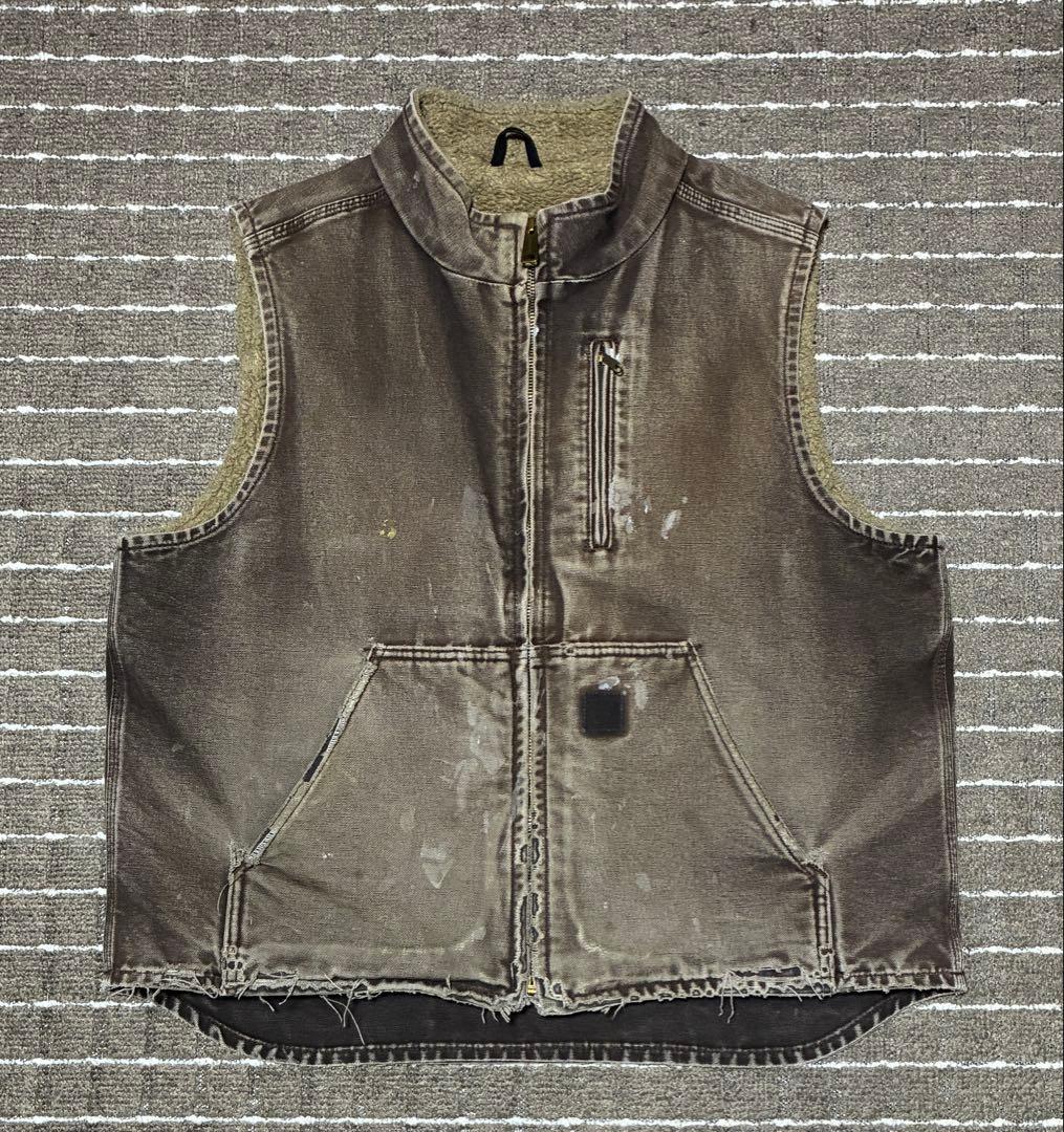 雰囲気◎ carhartt ダックベスト DKB ダークブラウン フェード ボロ