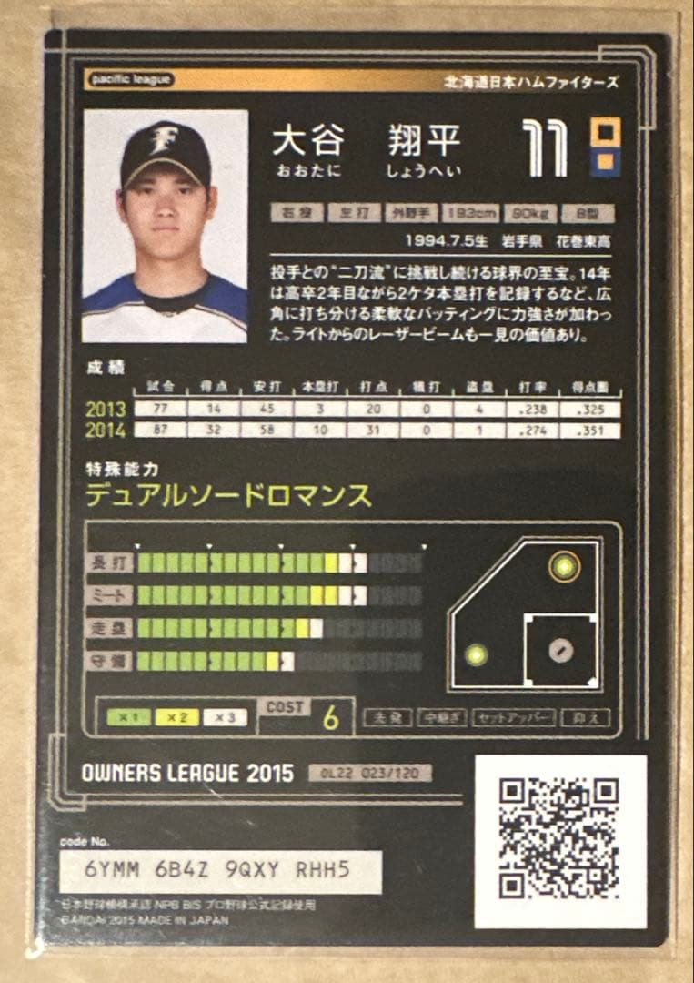 ベ*中様 大谷翔平　オーナーズリーグ　2015