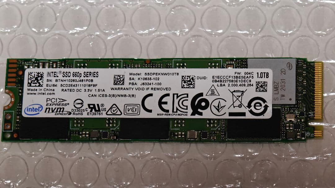 ★中古品★Intel SSD 660p Series 1TB ★動作確認済み★