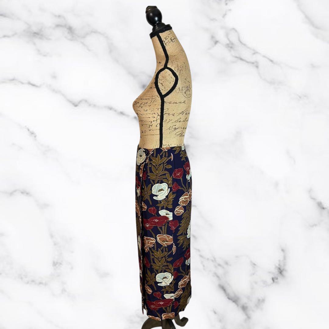 美品✨【KENZO】花柄タイトロングスカート　さらさら　日本製　ネイビー　M
