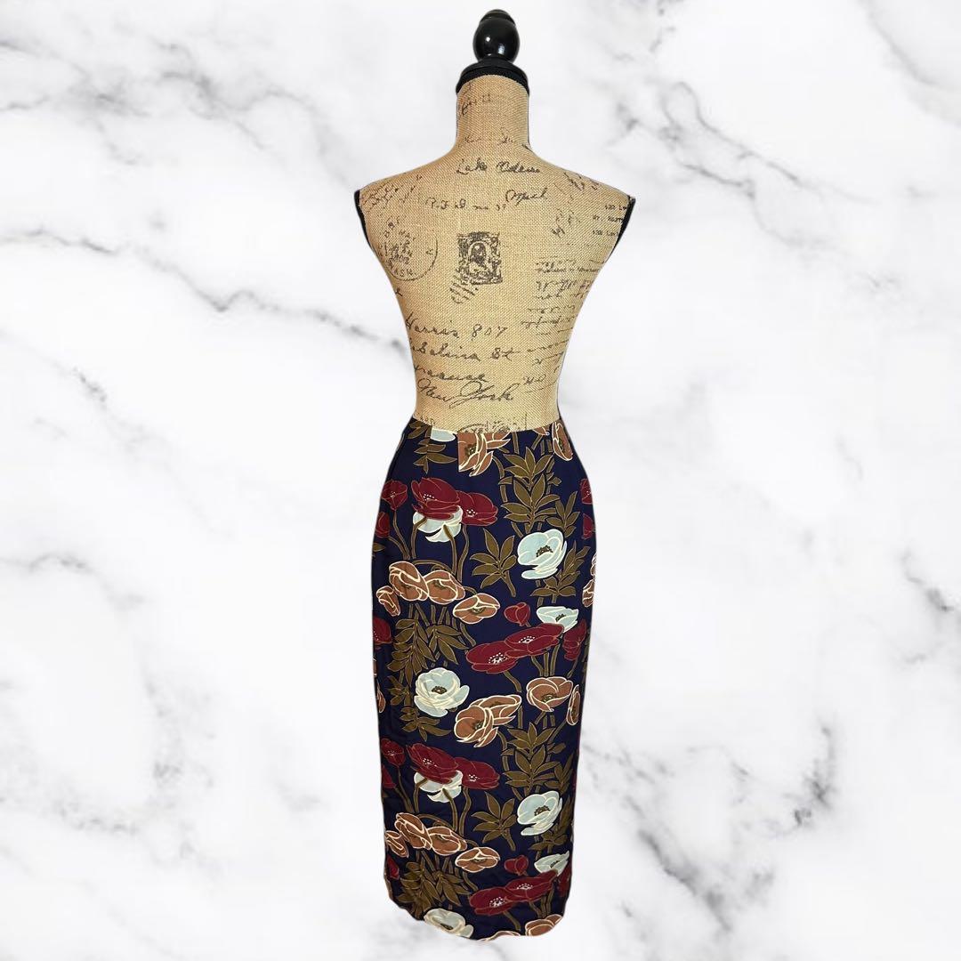 美品✨【KENZO】花柄タイトロングスカート　さらさら　日本製　ネイビー　M