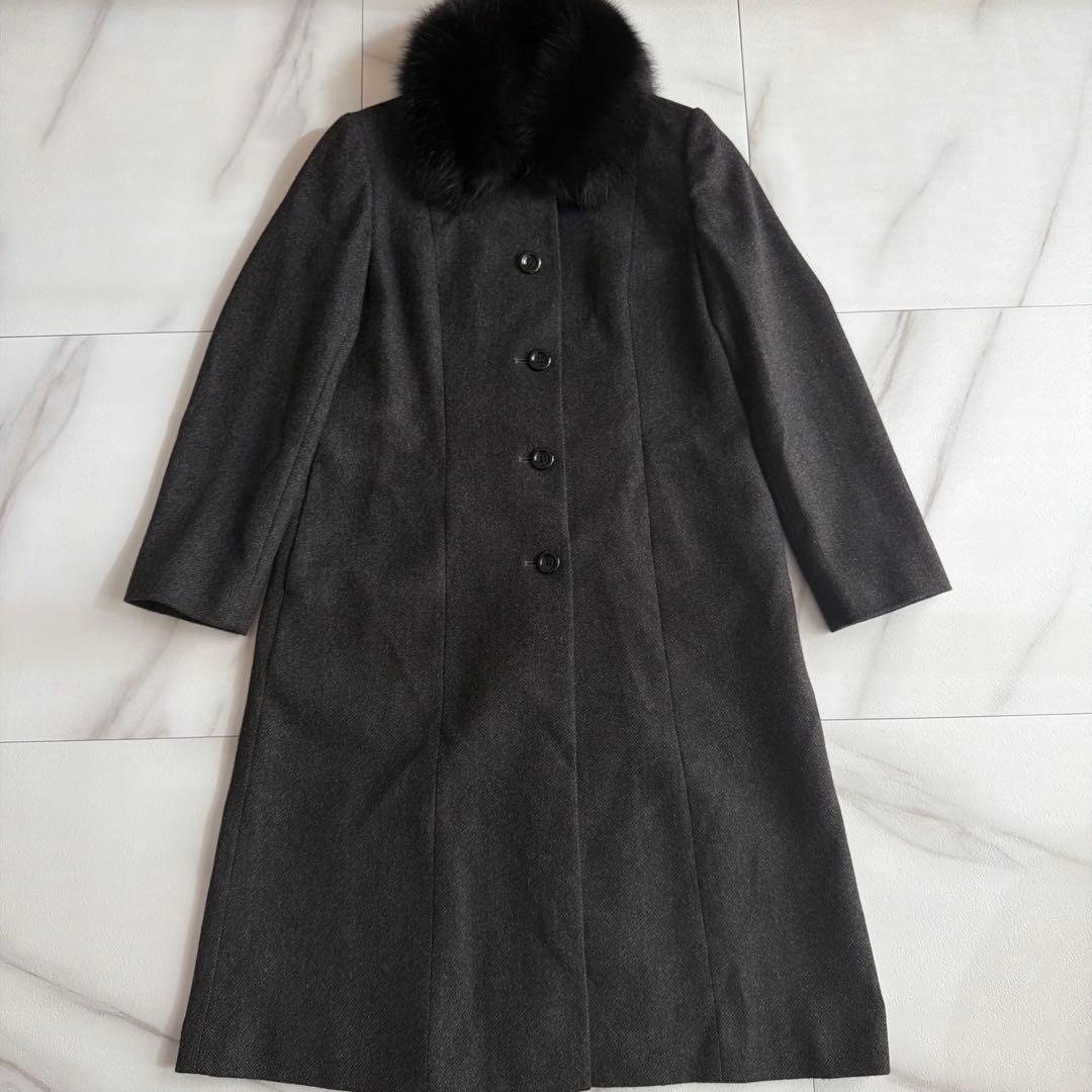 希少 美品 カシミヤ100 ブルーフォックス 取り外し可能 ヘリンボーン コート